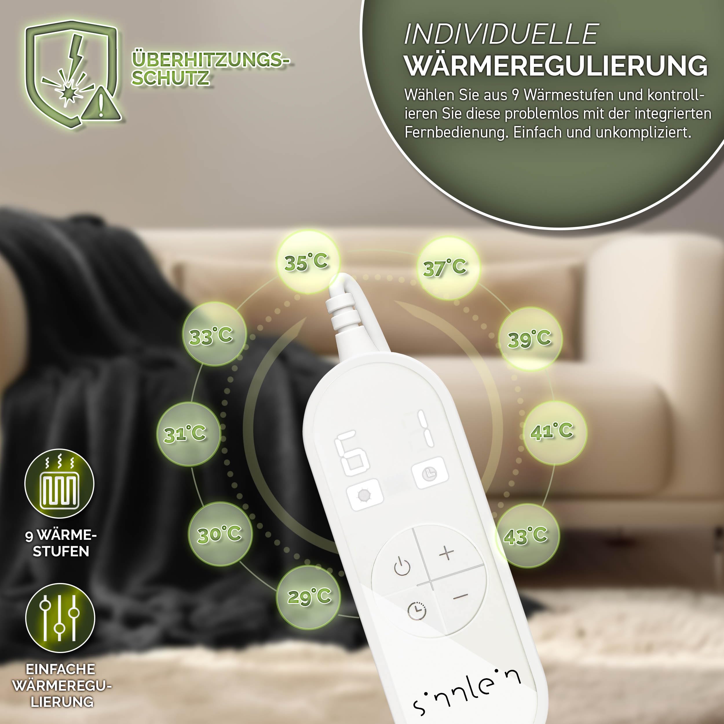 sinnlein® Heizdecke aus Plüsch 200 x 180 cm | elektrische Wärmedecke mit Abschaltautomatik | Kuscheldecke | Timerfunktion | 9 Temperaturstufen | waschbar bis 40°C | Digitalanzeige