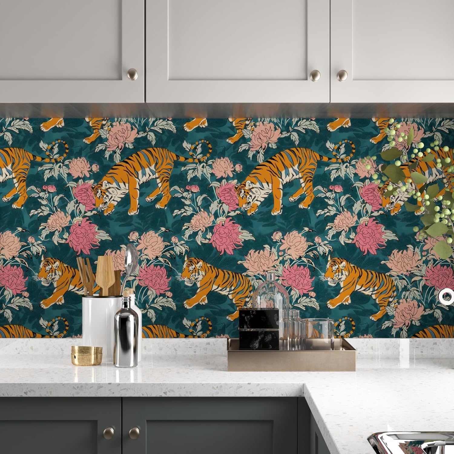Tiger Wallpaper Peel and Stick, Animals Floral Contact Paper 17.5" x 393.7", Blue/Orange/Pink Vintage Flower Wall Paper Self Adhesive Removable Waterproof for Bathroom Walls Shelves Cabinet Table