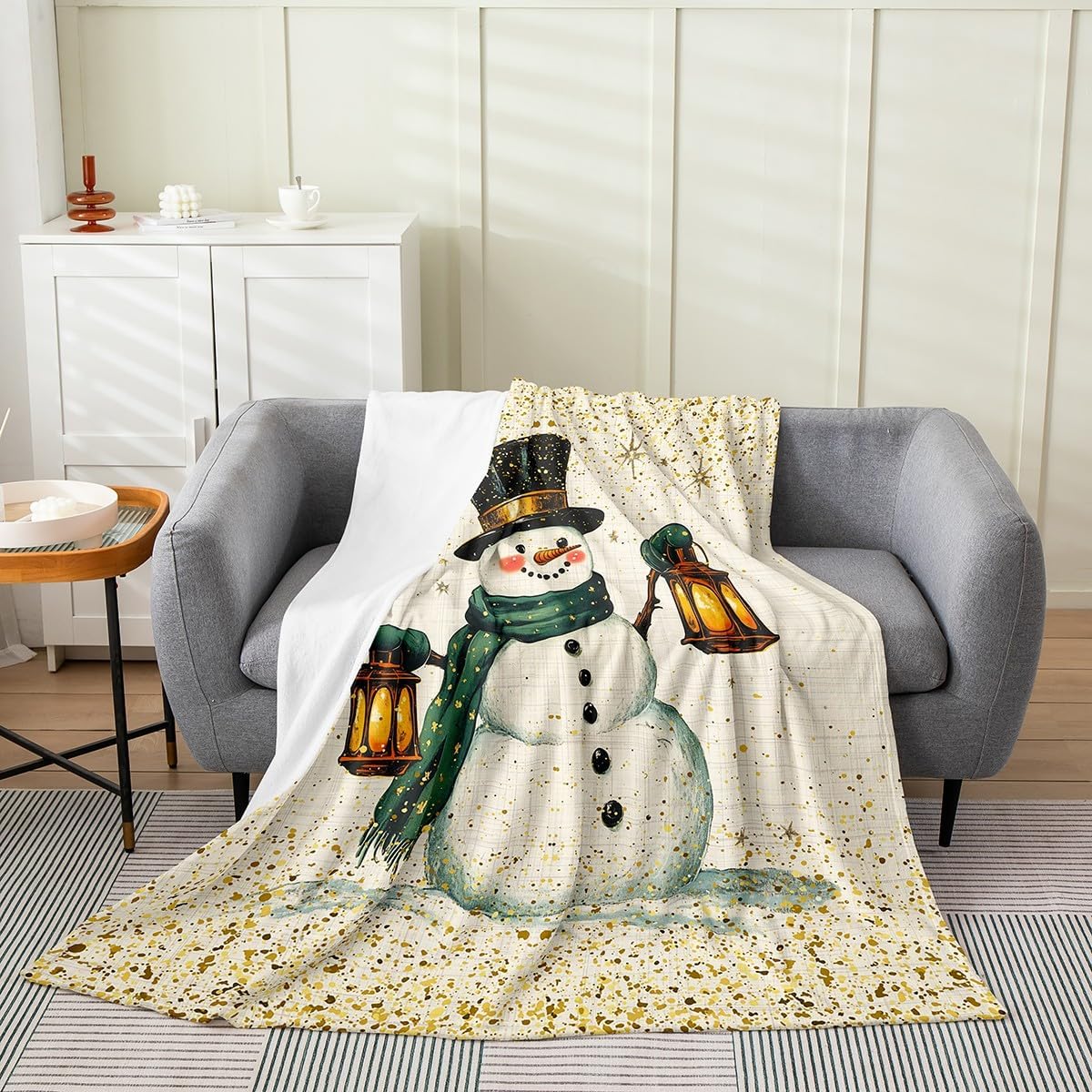 Cute Snowman Fleece Blanket,Winter Christmas Scarf Lantern Vintage Bed Blanket for Kids Teens,Romantic Golden Starry Sequins Glitter Flannel Blanket for Room Decor,Queen 90"x90"
