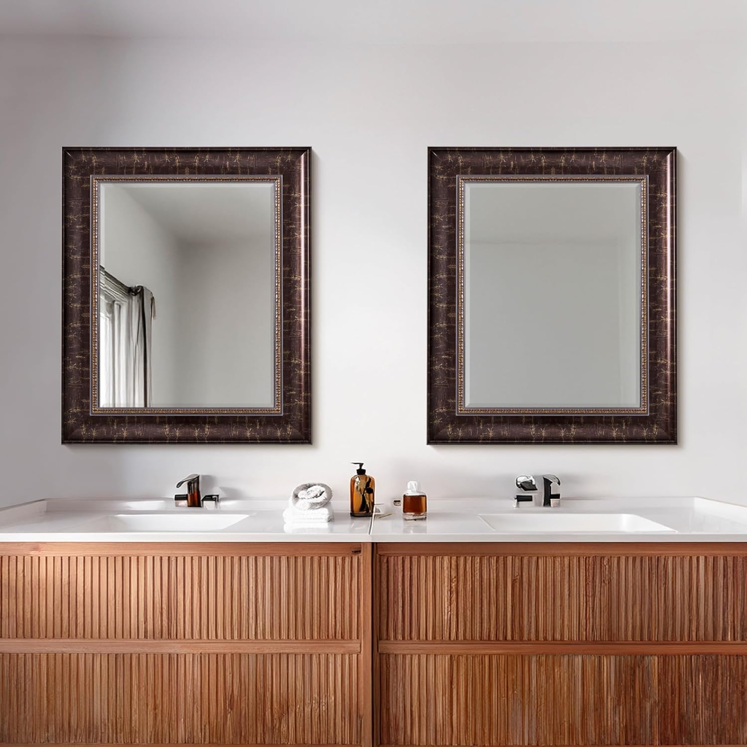 Head West Embossed Bronze Ornate Design and Distressed Frame 30.5" x 36.5" Vanity Mirror, Bronze