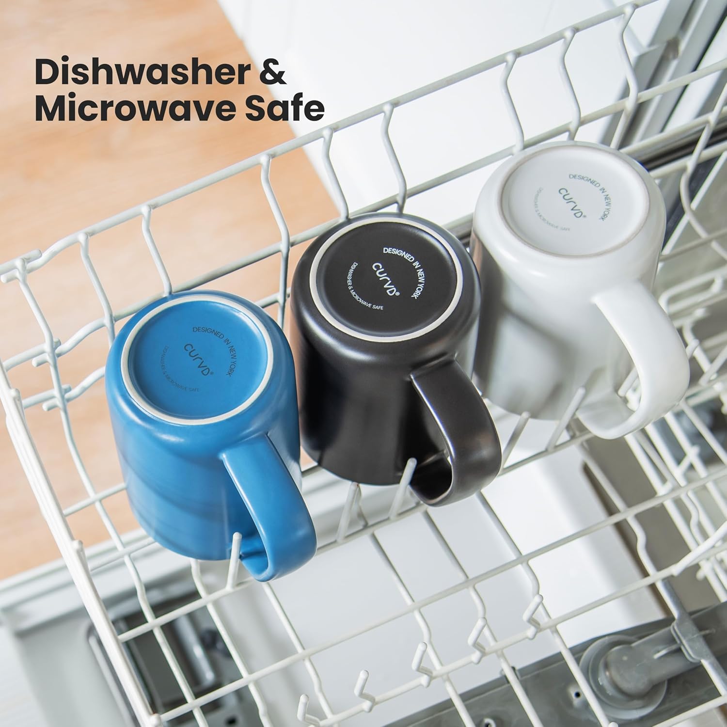 CURVD® Coffee Mug, Microwave/Dishwasher Safe, 100% Chemical-Free Plain Ceramic, Large Ergonomic Handle, Set of 4 (Dark Blue, 18 oz)