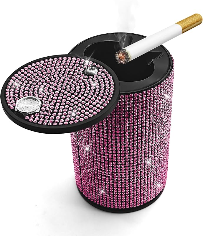 Bling Car Ashtray, Ashtray with Lid, Portable Sparkling Mini Ash Tray Cup Holder, Automotive Interior Accessories Multifunctional Smell Proof Ash Tray Fit for Car Home Office (Pink)