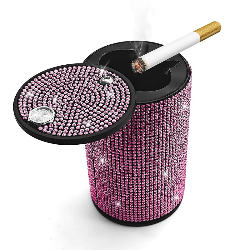 Cinzeiro Automotivo com Tampa Rebvugr, Porta-Cinzas Decorado com Strass para Porta-Copos, Rosa