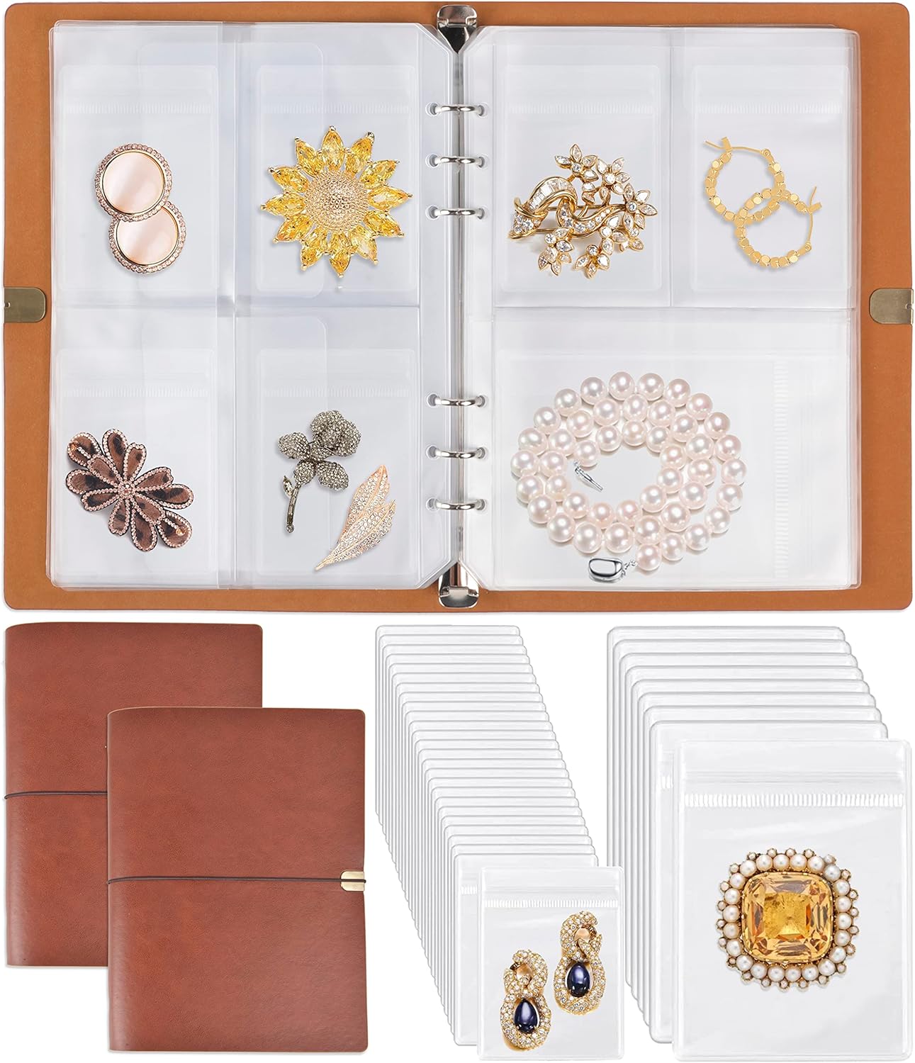 Jewelry Organizer, 2 Pack Jewelry Storage Book with Pockets, Foldable Earrings Travel Album, PU Leather Accessories Holder Booklet for Bracelets Necklace Rings (128 Grids+128 Anti-Oxidation PVC Bags)