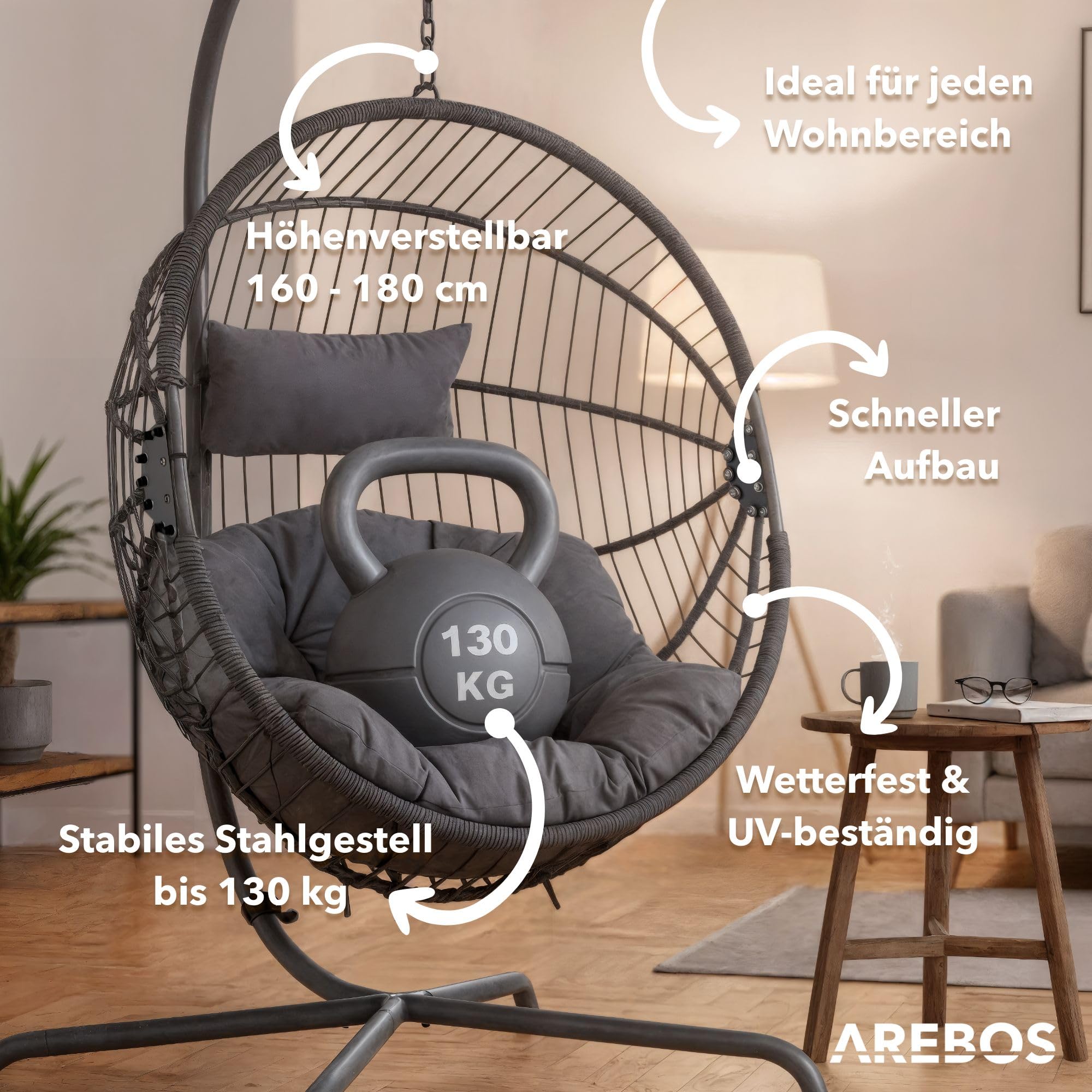 Arebos Hängesessel Outdoor mit Gestell | höhenverstellbar | 130 kg | Grau