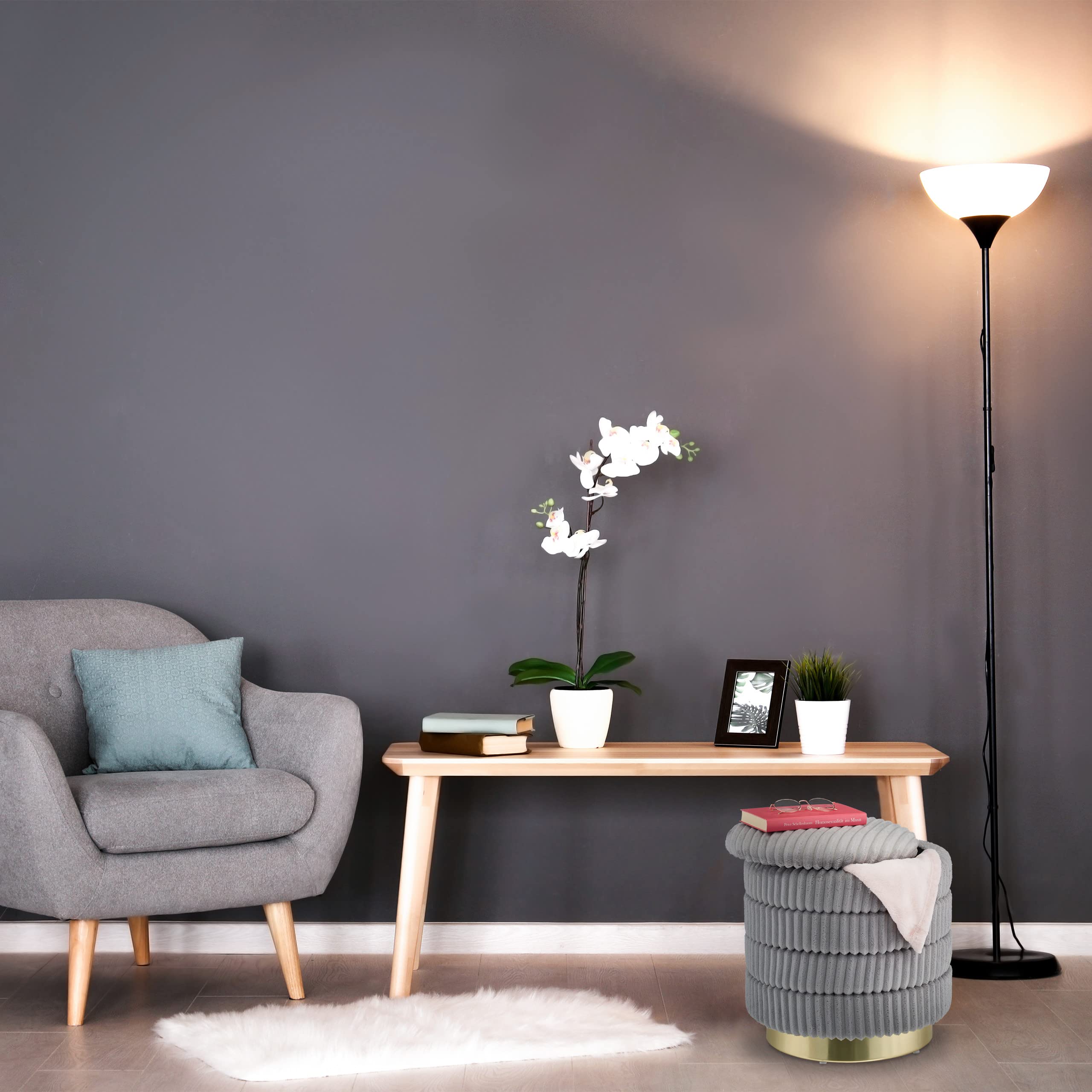 Relaxdays Pouf Contenitore Rotondo, Sgabello Poggiapiedi Imbottito, in Stoffa di Velluto, 43,5x41 cm, Grigio e Dorato