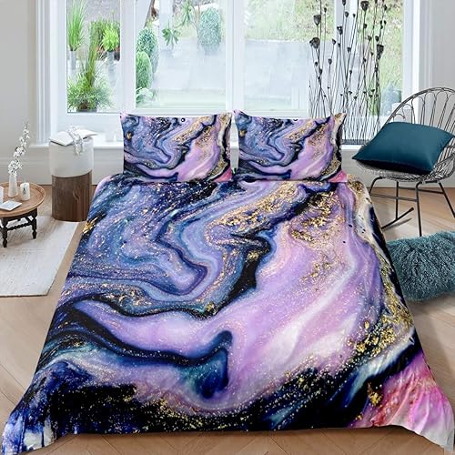Miniatura 1 de Feelyou Juego de funda de edredón de mármol tamaño King con estampado de mármol morado y dorado, juego de ropa de cama moderno, 1 funda de edredón +