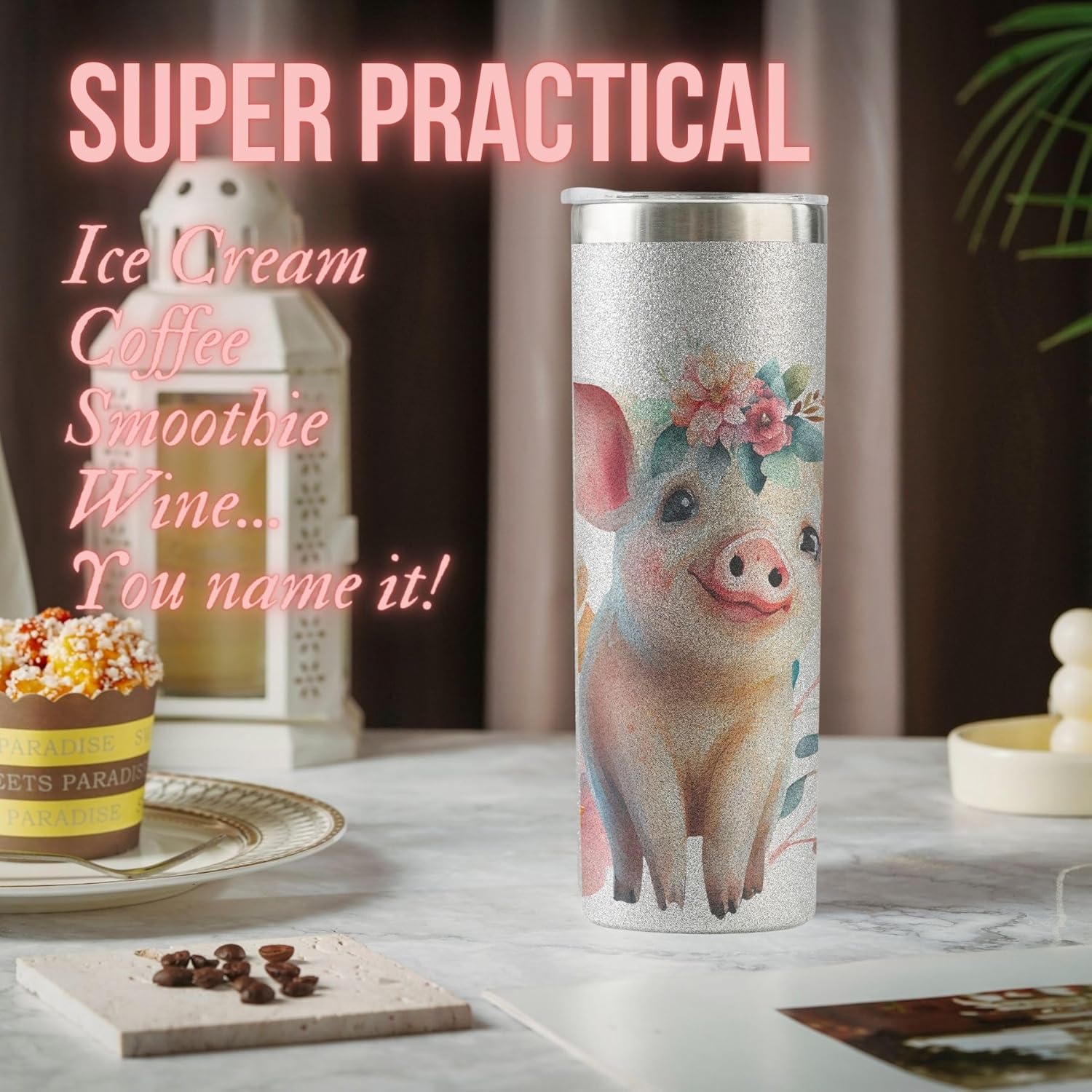 Onebttl Pig Gifts for Pig Lovers, Women, Girls, Gifts for Daughter, Wife, Piggy Lovers on Christmas, Birthday, Glitter Insulated 20oz Stainless Steel Tumbler - Image 3