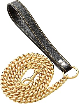 txprodogchains Medium Large Dogs Chew Proof Heavy Duty Stainless Steel 18K Gold Dog Leash Chain with Leather Padded Handle 3.5FT