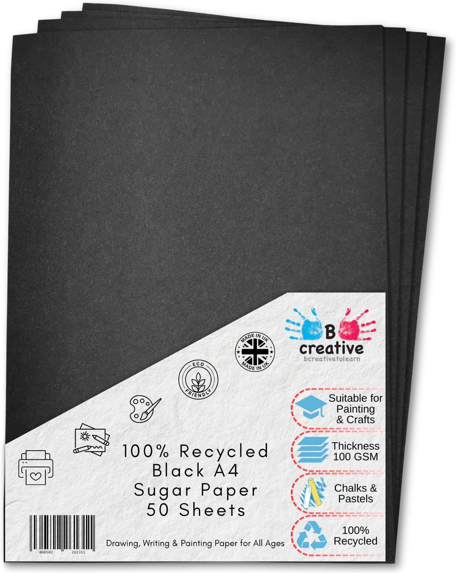 Recycled A4 Black Sugar Paper 50 Sheets, Great Arts and Crafts for Kids, Drawing, Painting & Scrapbooking Supplies. 210 x 29.7cm Sheet Size
