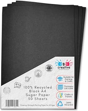 Recycled A4 Black Sugar Paper 100 Sheets, Great Arts and Crafts for Drawing, Painting & Scrapbooking Supplies. 210 x 29.7cm Sheet Size