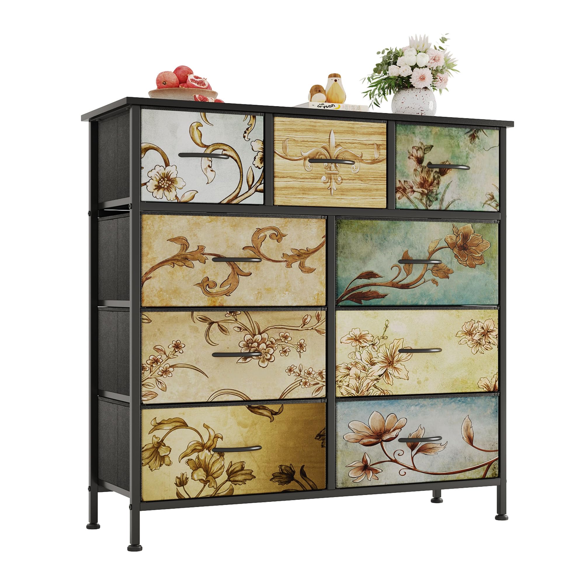 Flrrtenv Chest of Drawers Bedroom with 9 Drawers, Tall Fabric Dressers with Flower Printing, Dresser for Entryway Hallway Living Room, Closet Storage Drawer, Black Wooden Top
