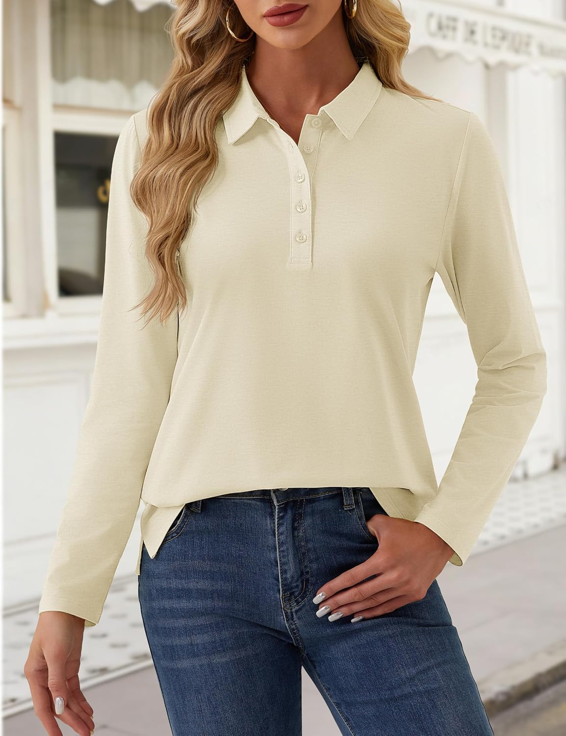 YUCOLEN Long Sleeve Polo Shirts for Women Golf Tees 5-Button Cotton Collared Shirt Business Casual Work Tops - Image 4