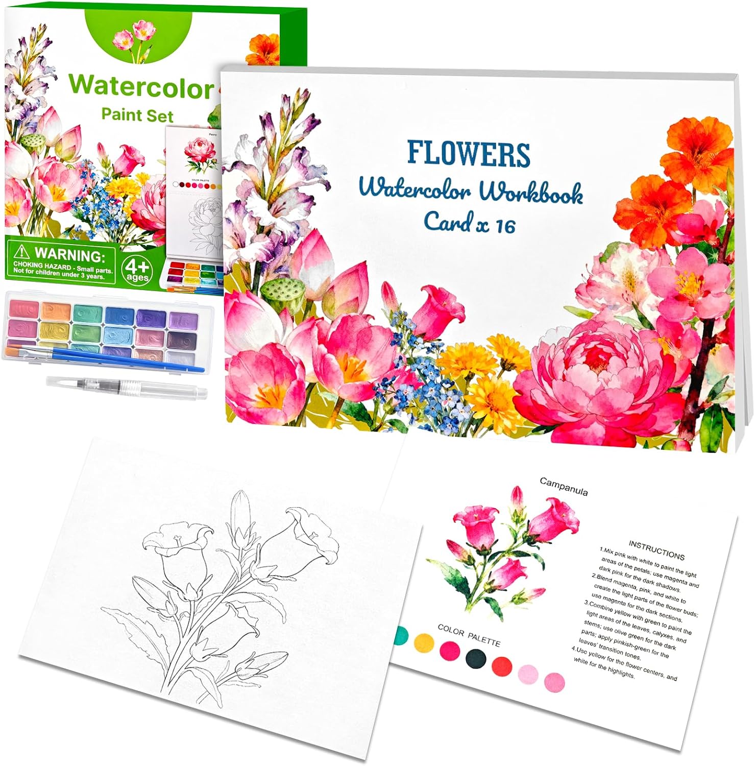 Beautiful Watercolor Book for Beginners, Water Coloring Book with 300GSM Paper, Glitters Colors Watercolor Paint Set with Brush, Watercolor Paint Book for Adults (Flower)