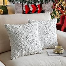 Christmas Pillow Covers 18'' x 18'' Set of 2, Soft Faux Rabbit Fur 3D Embroidery Snowflakes Throw Pillow Covers For Holiday Christmas Decor Sofa, Couch, Party, Invisible Zipper, Skin-Friendly