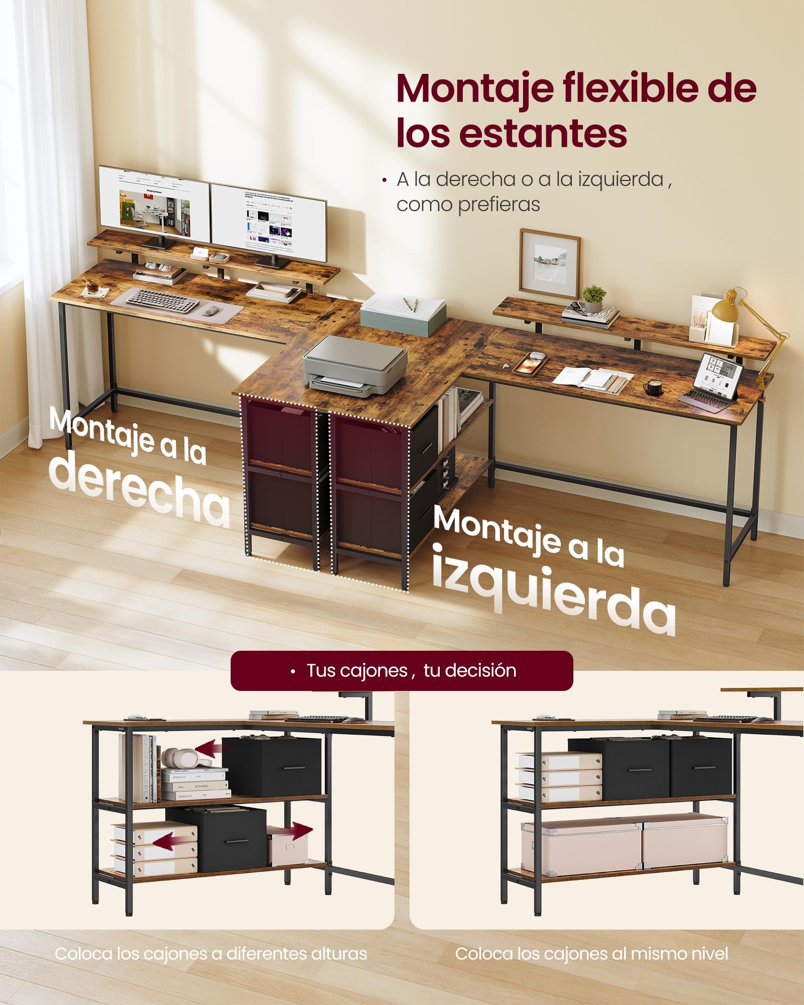 VASAGLE Escritorio en Forma de L, Esquinero, con 2 Amplios Cajones, Mesa con Soporte para Monitor, para Esquina, con Estante Ajustable, para Oficina Casa, 155 x 105 cm, Marrón Rústico LWD129K101