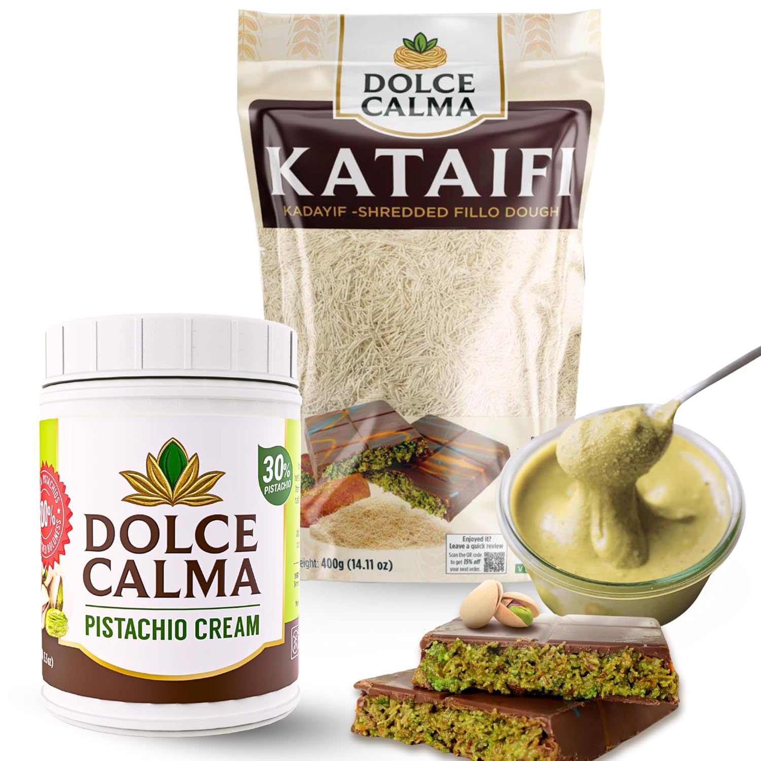 Dolce Calma Dubai Chocolate Filling Bundle - Dubai Chocolate Jar - - Premium Finely Shredded Kataifi 14.1 oz (400 g) + Authentic Turkish Pistachio Cream 2.2 lbs (1 kg)