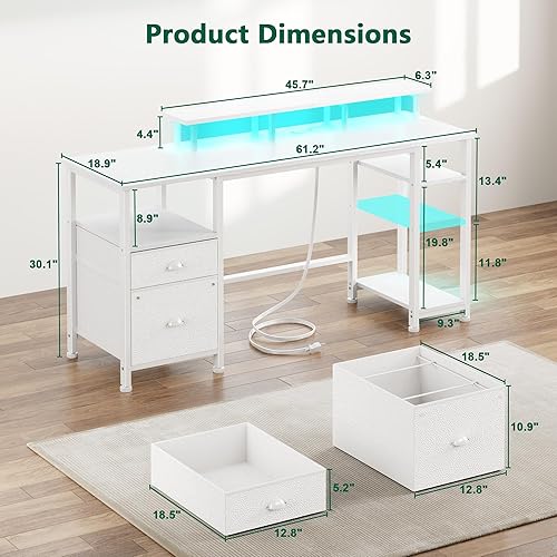 Miniatura 2 de Furologee Escritorio de 61 pulgadas con luz LED y tomas de corriente, escritorio reversible para computadora con archivador y cajón, escritorio