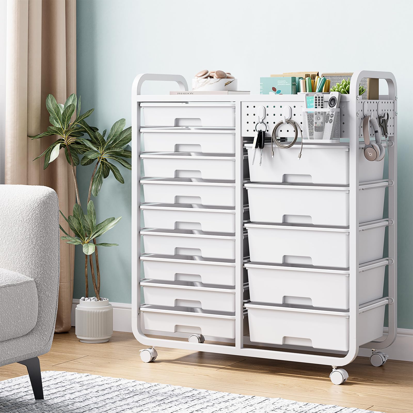 Chariot de rangement à 14 tiroirs avec plateau perforé - Chariot à roulettes pour salle de bain - Chariot à tiroirs avec roues et poignées pour atelier, bureau, cuisine - Blanc