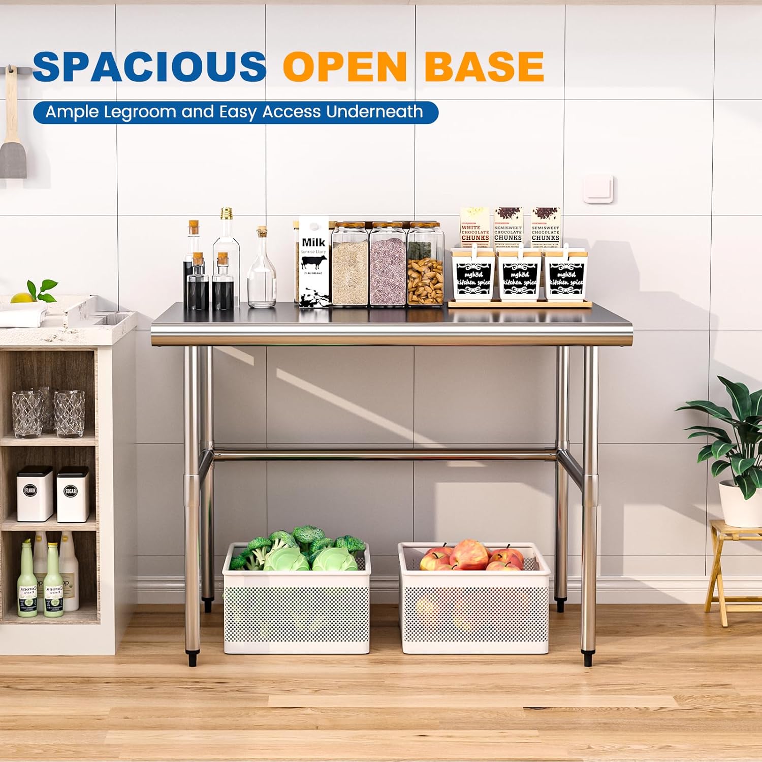Stainless Steel Table Open Base 30x48 Inch, Heavy-Duty Metal Work Table Ideal for Restaurant, Kitchen, Bakery, or Commercial Food Prep