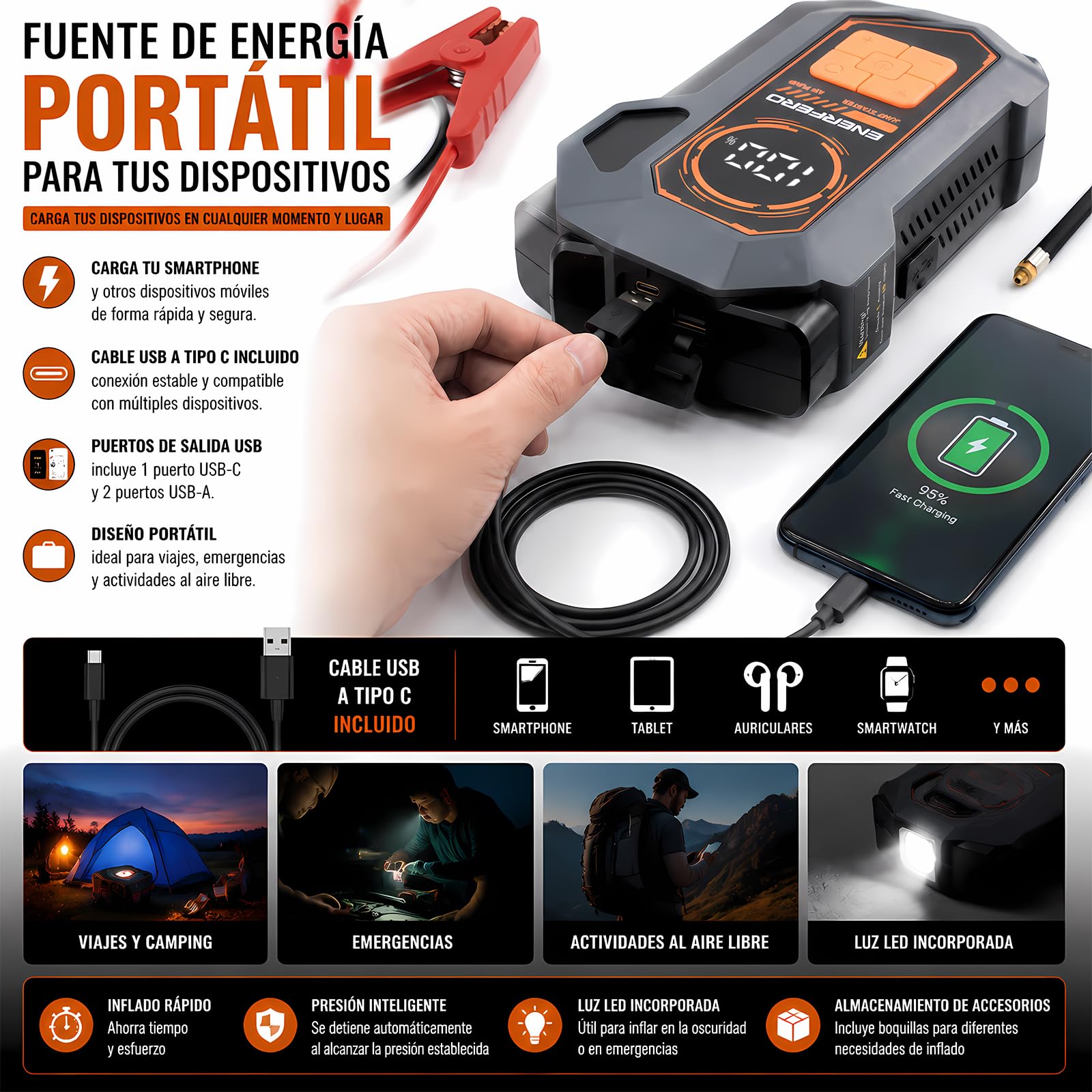 27000 mAh Arrancador Baterias Coche con Compresor Aire 150PSI