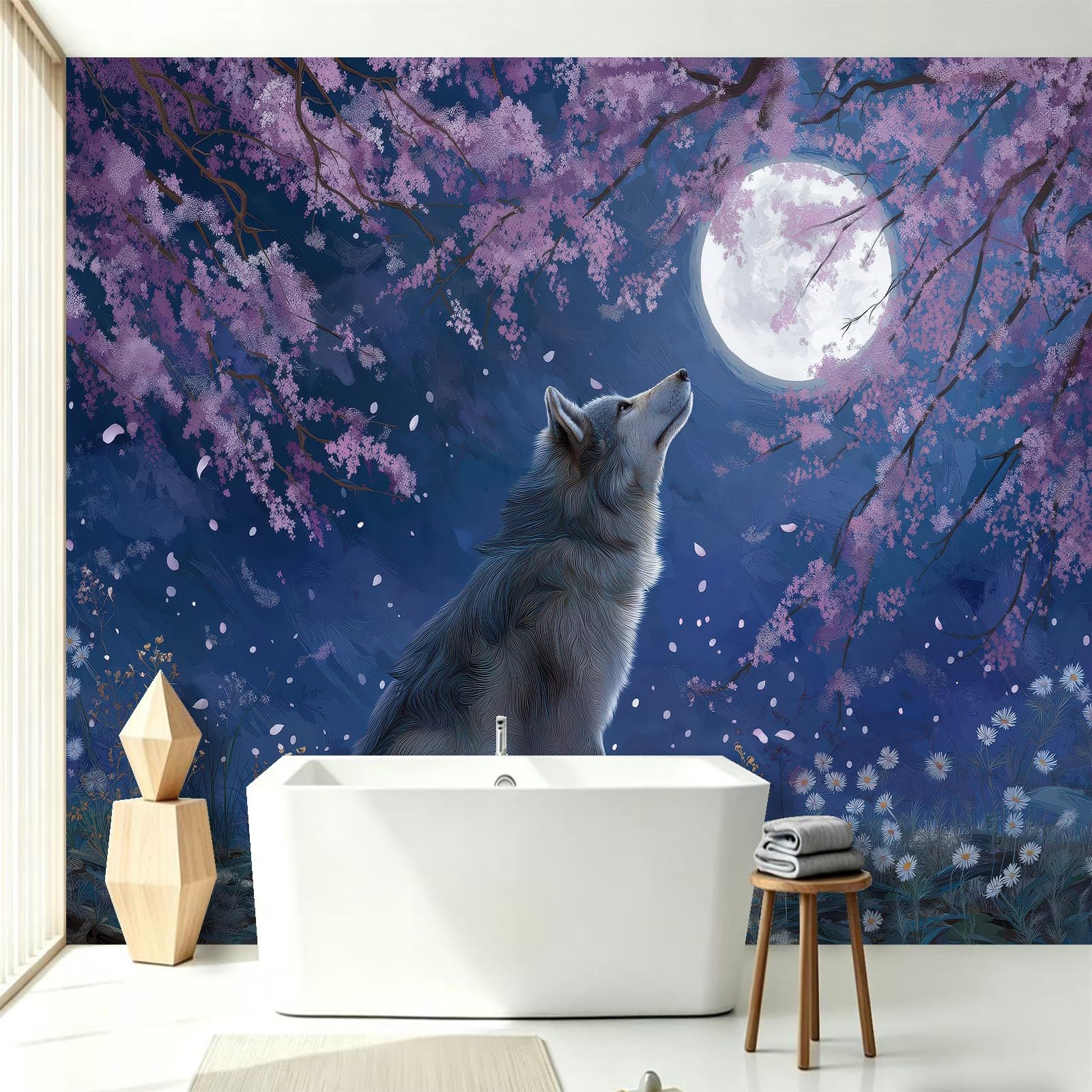 Générique Panoramiczna tapeta z włókniny fantastyczne gwiaździste niebo 250 x 175 cm, wilk kwiaty zwierzę tapeta - do salonu sypialnia jadalnia dekoracja ścienna, rozmiar na zamówienie