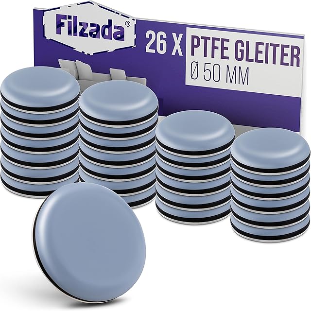 Filzada® 26x Ślizgacze teflonowe samoprzylepne - Ø 50 mm (okrągłe) - profesjonalne ślizgacze meblowe/ślizgacze dywanowe PTFE (teflon)
