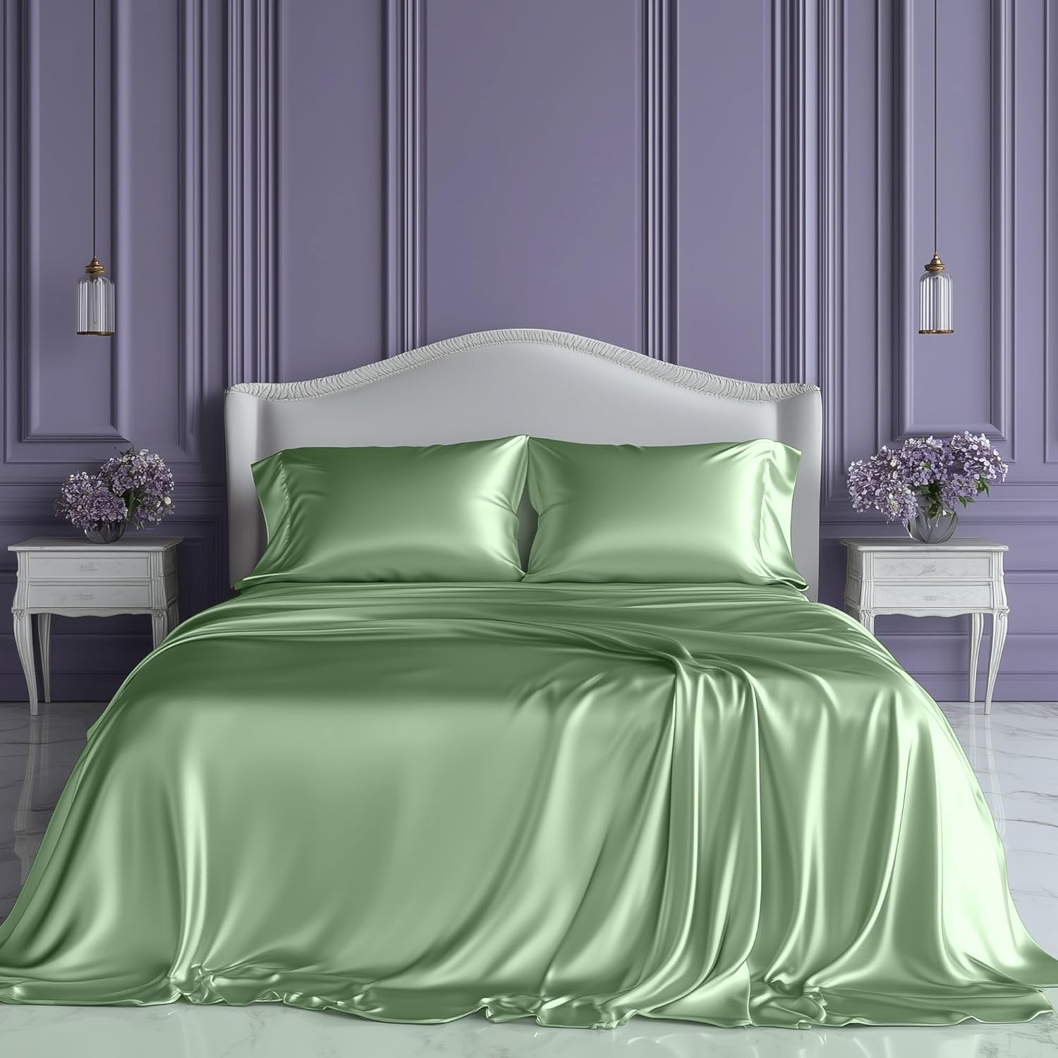 SLEEP SANCTUARY Satin Sheets Queen Size  4 Piece Luxury Silky Bed Set, Softer Than Silk, 15" Deep Pocket, Cooling & Wrinkle-Free, Moisture-Wicking & Breathable for Hair & Skin (Sage Green)