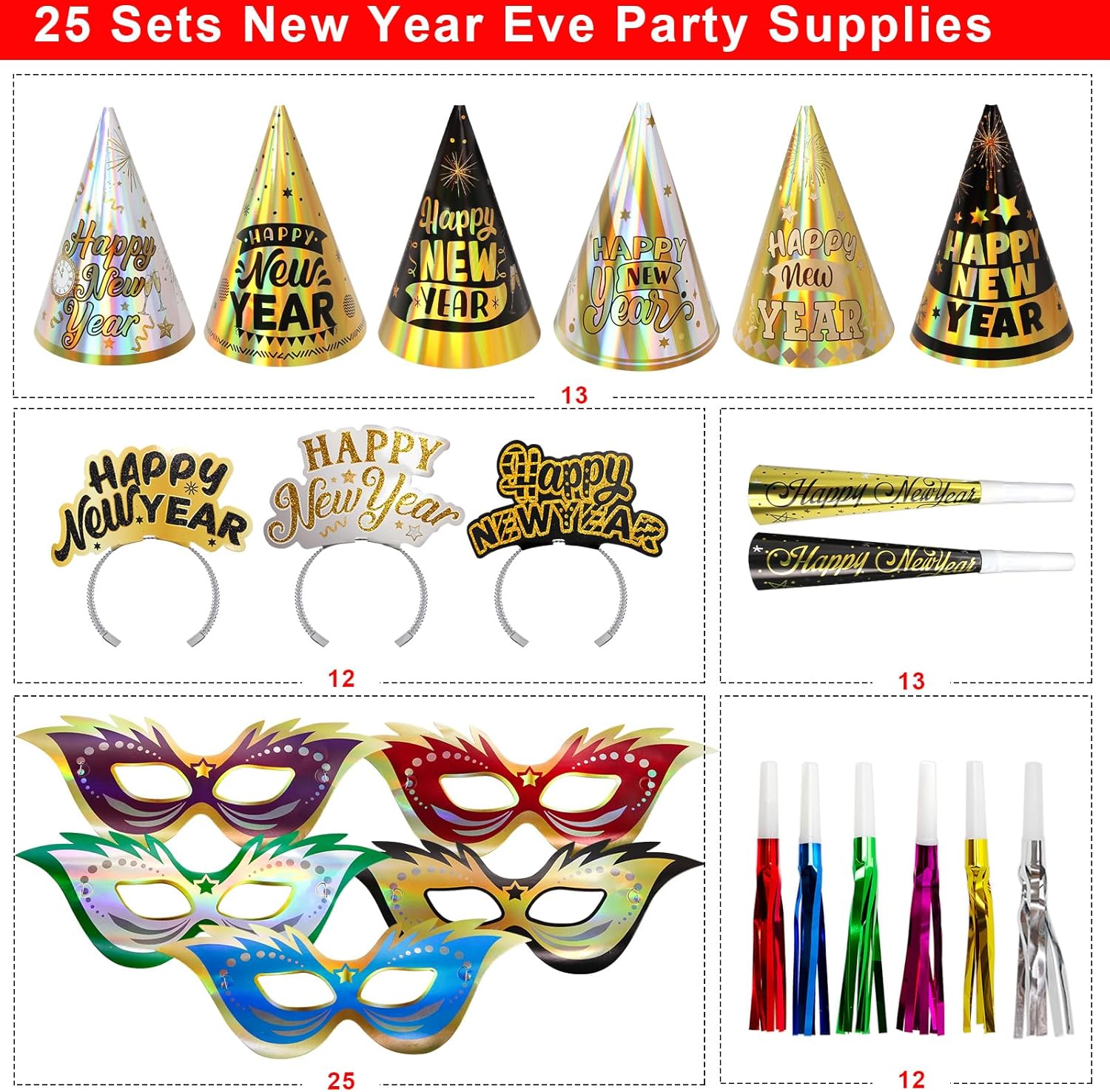 Fancy Land New Years Eve Party Supplies for 25 Guests 2026 75 Pcs NYE Party Supplies Gold Silver NYE Hats Glitter Tiaras Decorations Noise Makers Paper Masks Favors Kits - Image 3