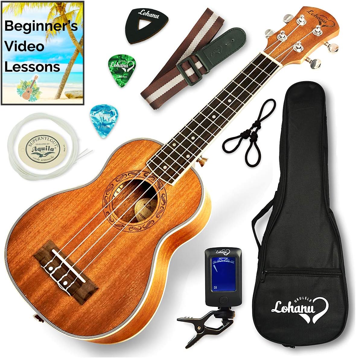 Ukulele Soprano Size Bundle From Lohanu (LU-S) 2 Strap Pins Installed FREE Uke Strap Case Tuner Picks Hanger Aquila Strings Installed Free Video Lessons BEST UKULELE BUNDLE DEAL Purchase Today!