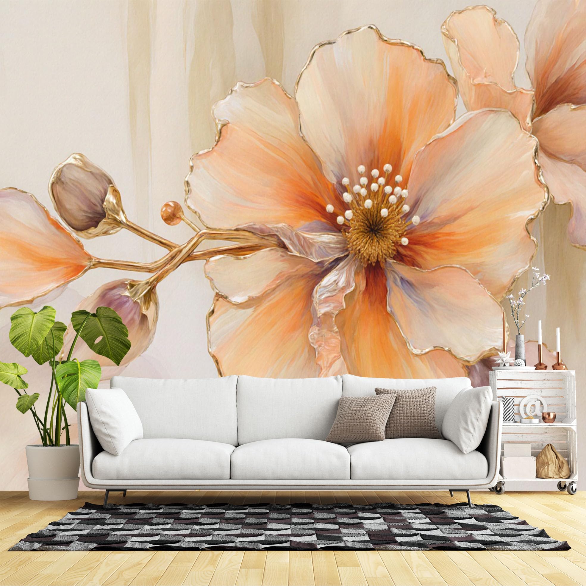 Custom Size Wall Murals,Golden Edge Peach Blossom Floral Art Elegant Watercolor Flower Painting,SelfAdhesive Wall Fabric(NO PVC) Removable Large Wallpaper for Living Room