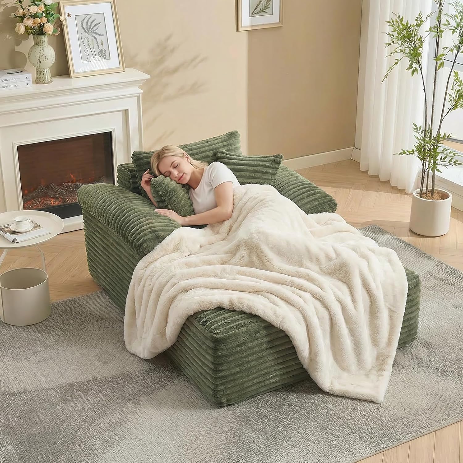 64.9'' Oversized Chaise Lounge Chair Sofa Bed,Corduroy Upholstered Boneless Sofa Bed with Pillows&Wide Armrest,300lb Max Load No Assembly Required Sleeper Sofa for Living Room, Bedroom, Movie Room