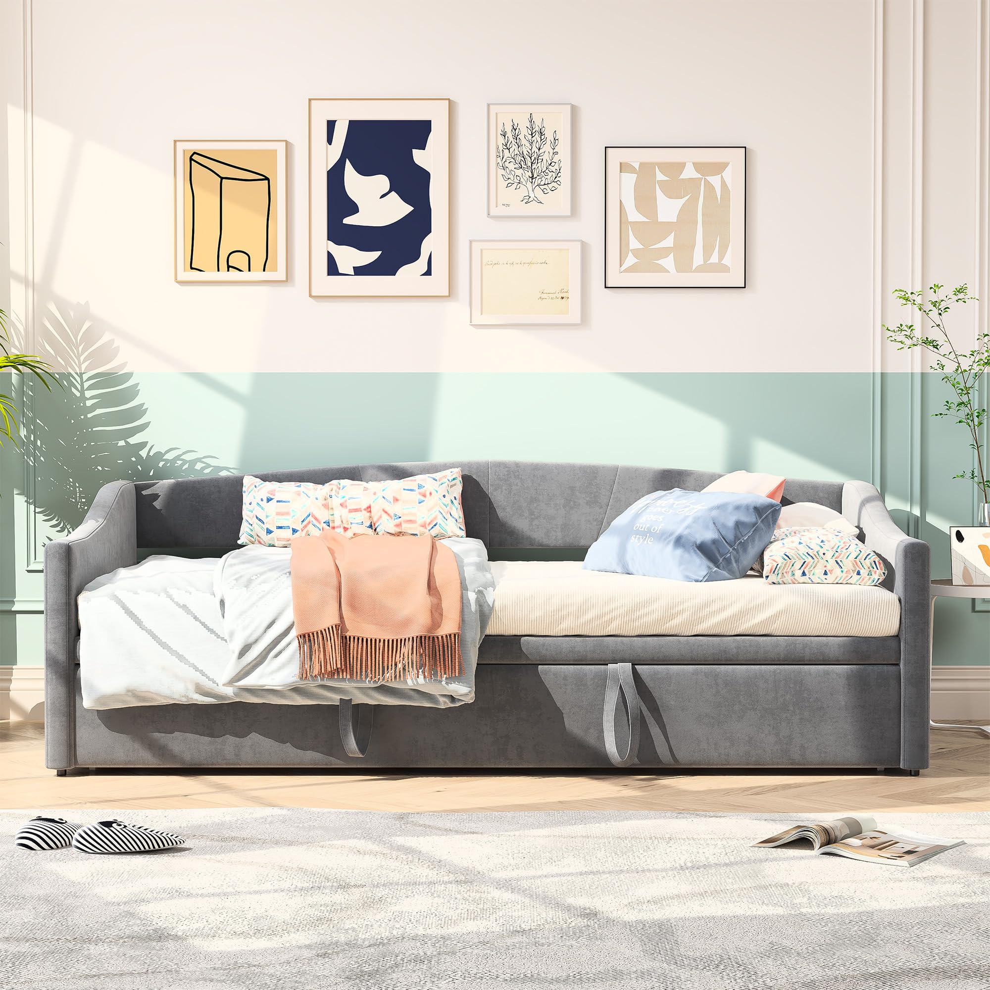 Divano letto 200 cm di larghezza, divano letto allungabile, letto a scomparsa con divano, Murphy Bed 90/180 x 200 cm, letto imbottito allungabile con rete a doghe, letto matrimoniale, tessuto di
