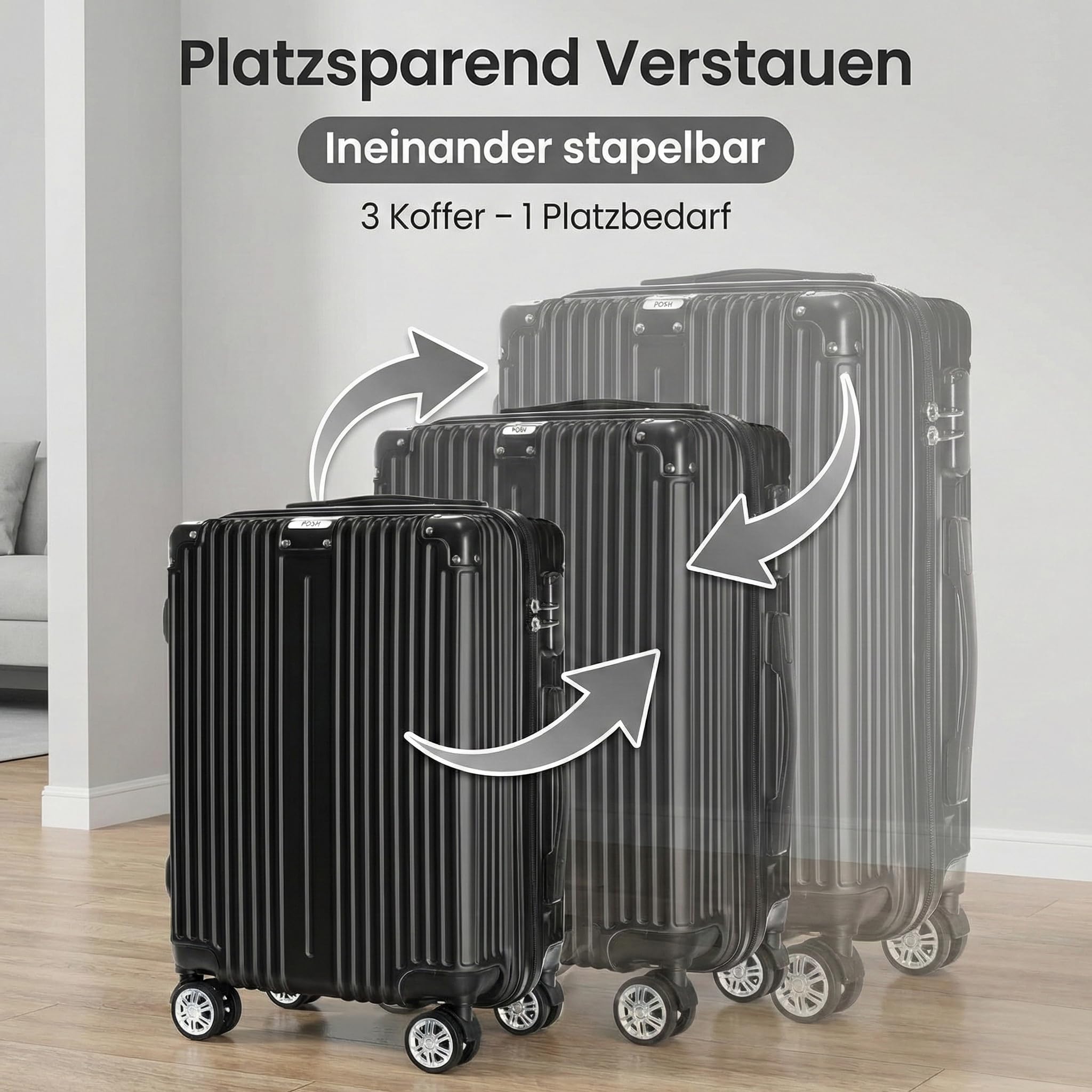 POSH Kofferset 3 teilig Hartschale ABS – Reisekoffer Set Handgepäck, Mittel, Groß – Leichtes Trolley Set mit leisen 360° Zwillingsrollen – Stabile Koffer mit Zahlenschloss