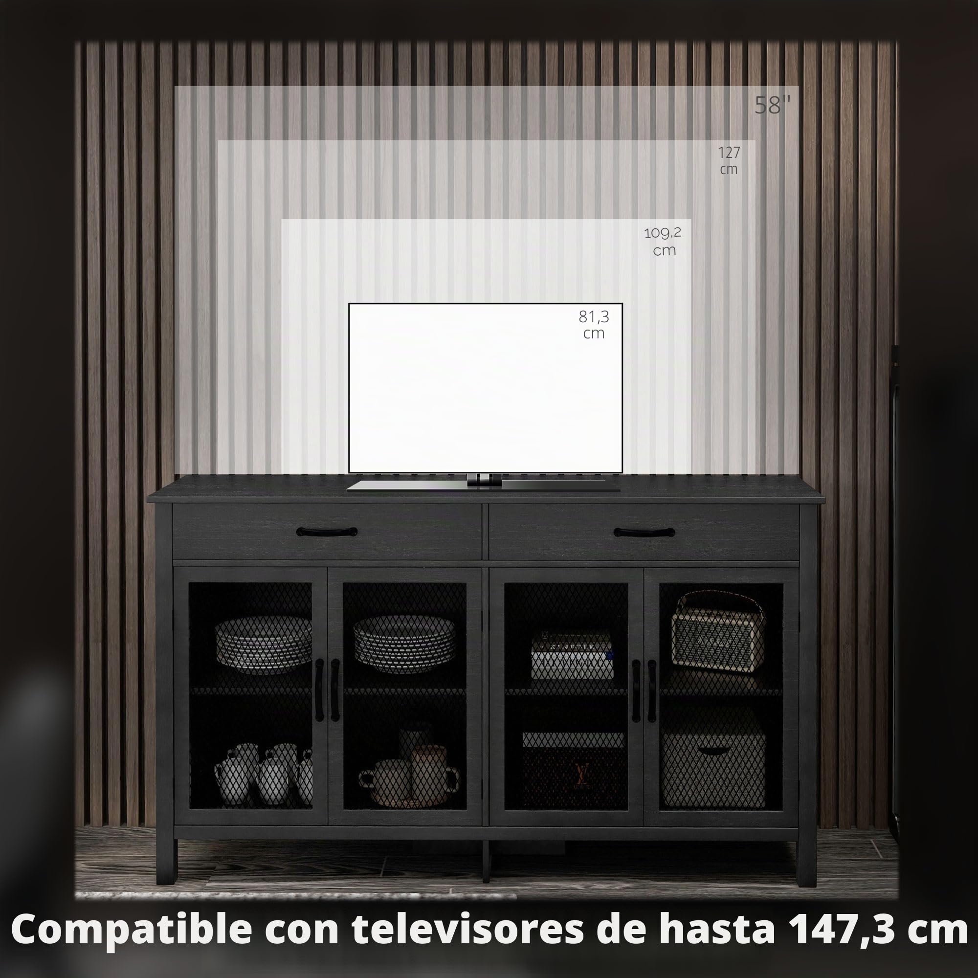 HOMCOM Mueble Aparador Bajo Armario de Almacenaje, 4 Puertas con Estantes Ajustables y 2 Cajones, Estilo Industrial, 150 x 40 x 85 cm, Color Negro