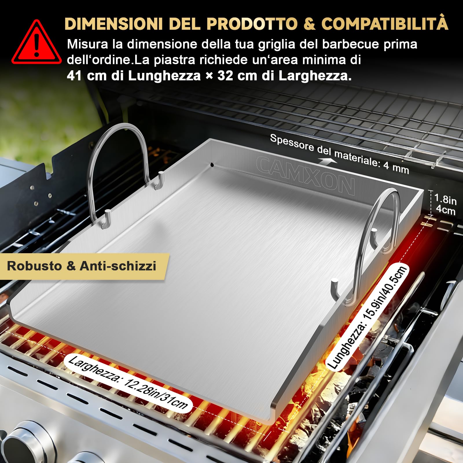 Piastra universale in acciaio inox, 40,5 x 31 cm, spessa 4 mm | Con scarico del grasso, lavabile in lavastoviglie, adatto per barbecue a gas e barbecue a carbone