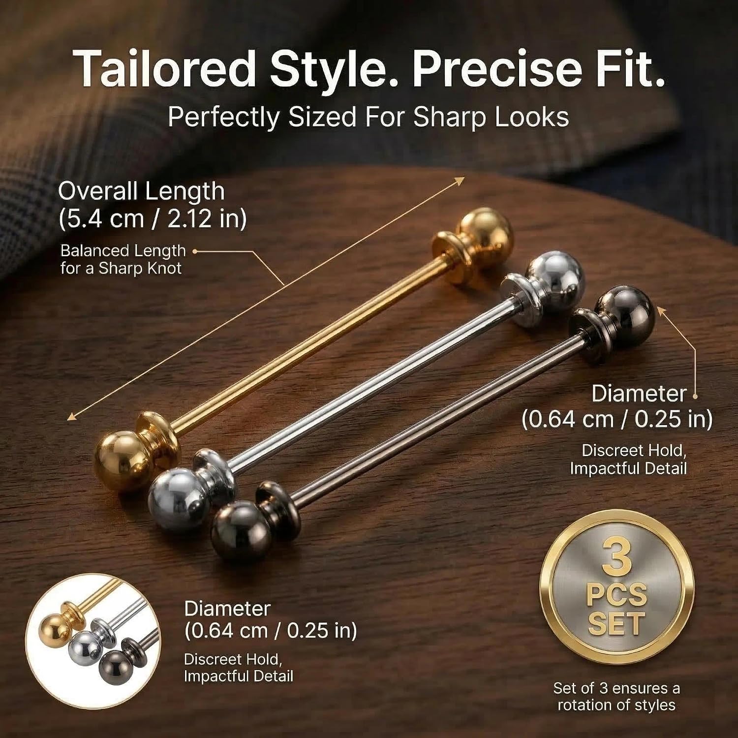 Collar Pins for Men Collar Bar Tie Pins for Dress Shirts, 3 Pcs Brass, Enhances Tie & Collar Shape for Wedding Business & Formal (Gold Silver Black)