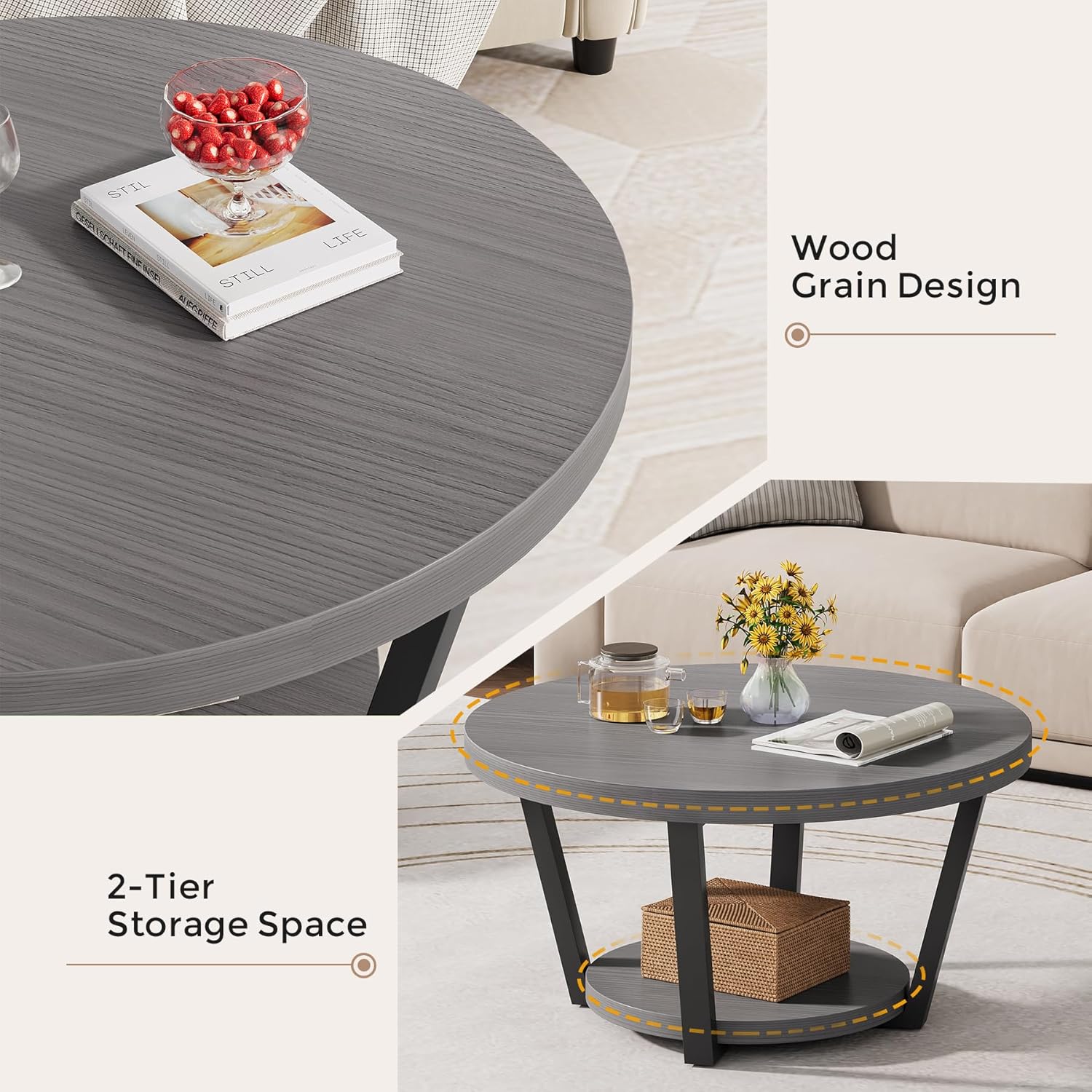 Round Coffee Table with Storage Shelf, 2-Tier Wooden Accent Center Table, Modern Industrial Living Room Furniture, Grey