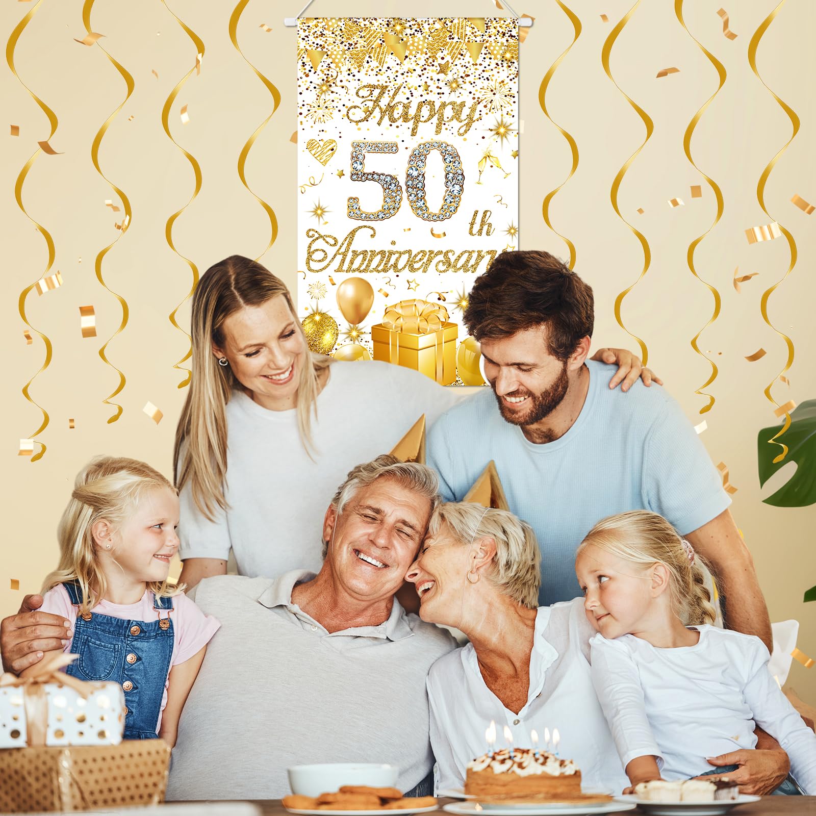 Goldene Hochzeit Deko – „Happy 50th Anniversary“ Türbanner In Weiß-Gold, 30x50 Cm