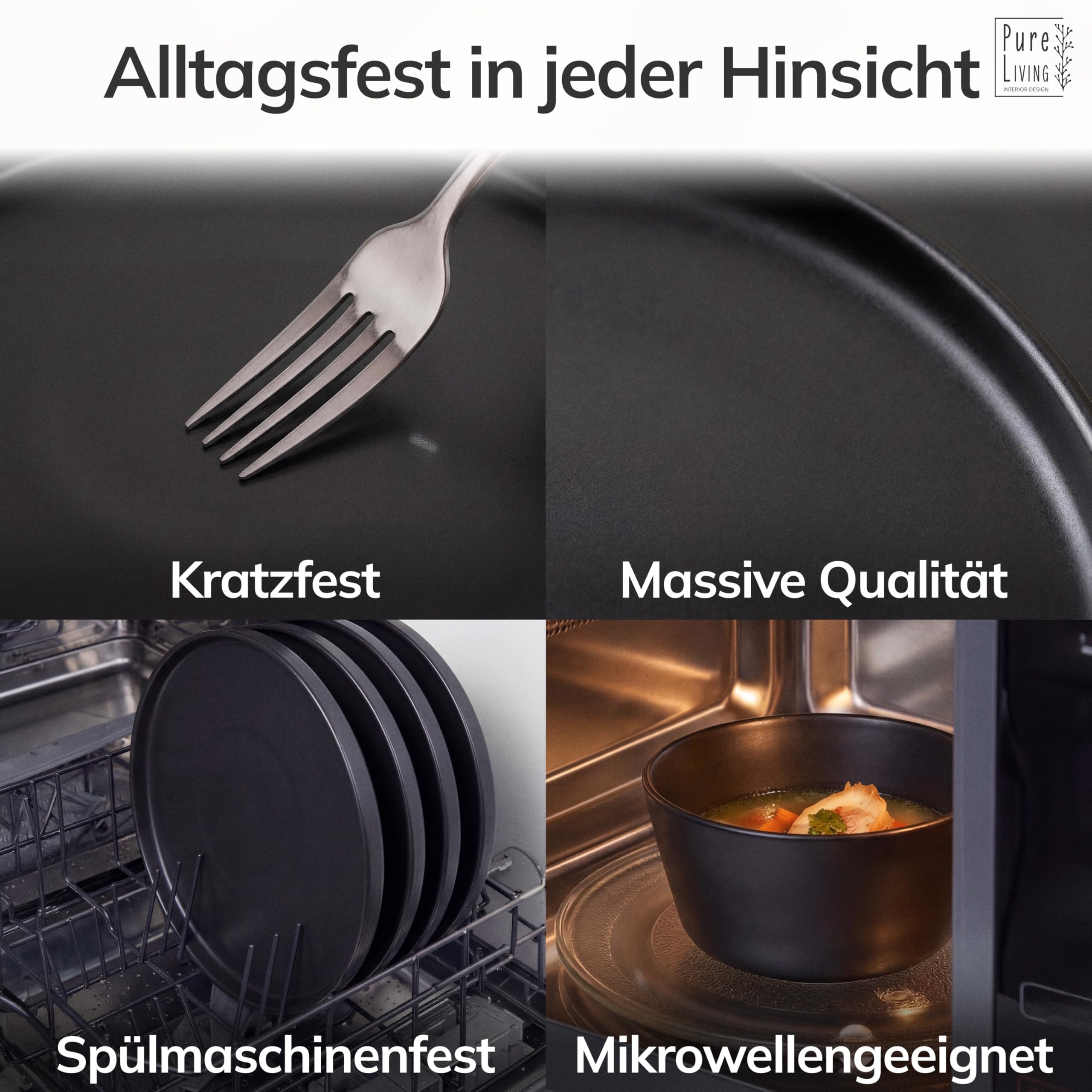 Steingut Geschirrset 6 Personen Manhattan 24-tlg. TESTSIEGER, Cooles Urbanes Steingut Geschirr Set, Schüssel- und Teller Set, Tafelservice 6 Personen, Geschirrsets Pure Living in matt Schwarz