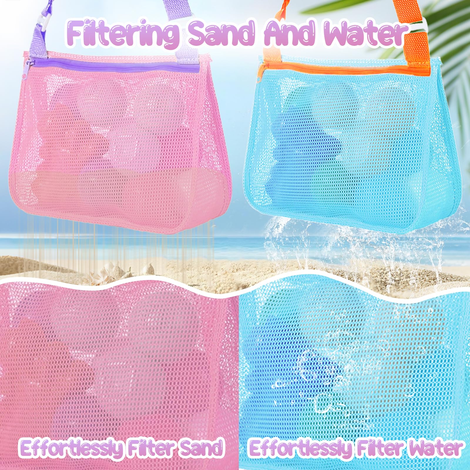 3 Piezas Bolsa de Malla para Juguetes de Playa, Bolsa Juguetes Playa Niños, Bolsas de Recogida de Conchas, Bolsas de Playas Plegable para Piscina, Camping, Viajes (A)