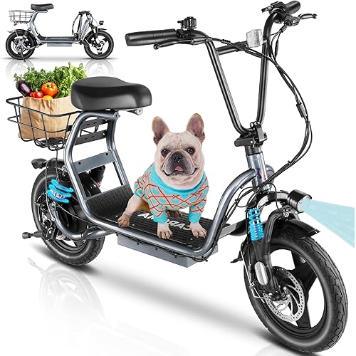 Caroma Peak 500W/800W/1200W Electric Scooter with Seat, Max 15/20/30Miles&20MPH, 14"/20" Tires Foldable Adult Electric Scooter with Basket for Pets & Cargo, Dual Shock Absorbing Ebike for Commuting