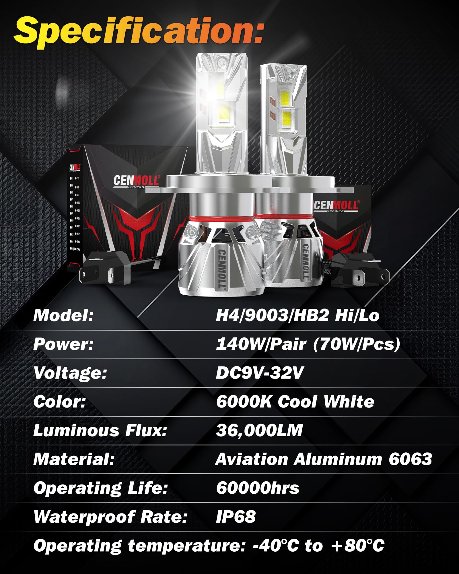 Bombilla H4 Led, 140W 36000LM 700% de brillo ángulo de haz ajustable de 360 grados, 6000K blanco frío Bombillas H4 Led 12V 24V controlador Canbus integrado Plug & Play, 1 par