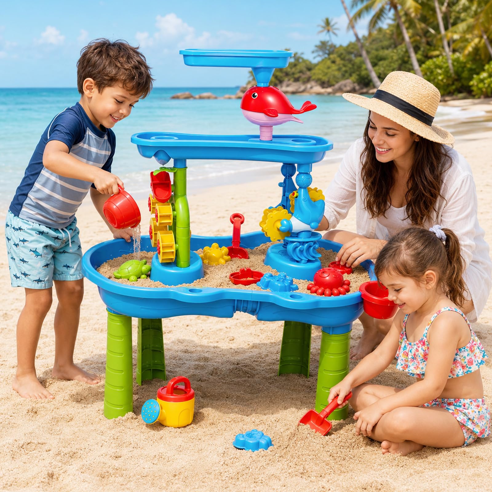 Tavolo da gioco 2 in 1 per bambini, stabile e affidabile, 3 livelli, effetto ruota d'acqua, con cascata e accessori di animali marini, giocattolo d'acqua per bambini, per esterni, giardino, terrazza