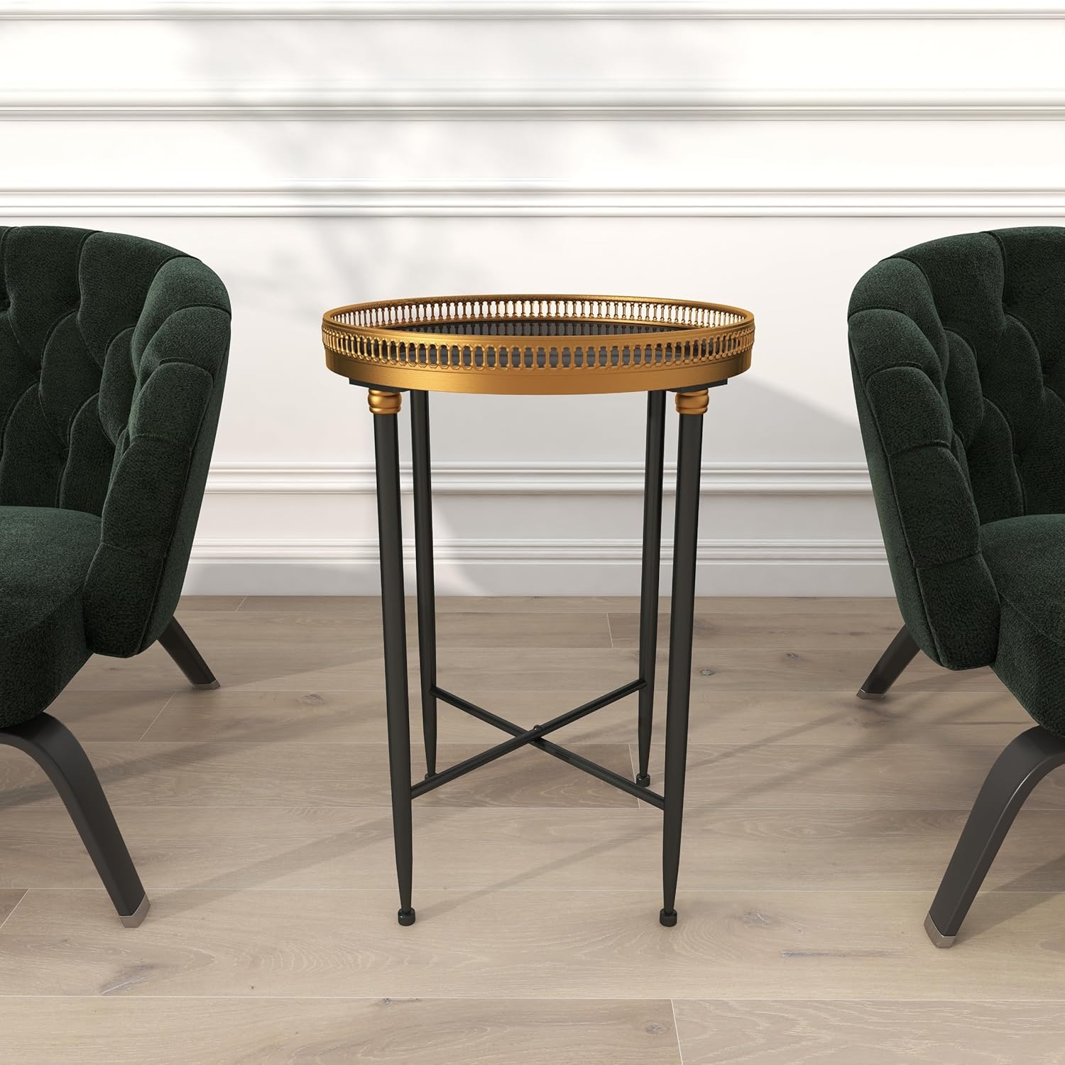 Black Round Metal and Stone Accent Table with Graduated Legs