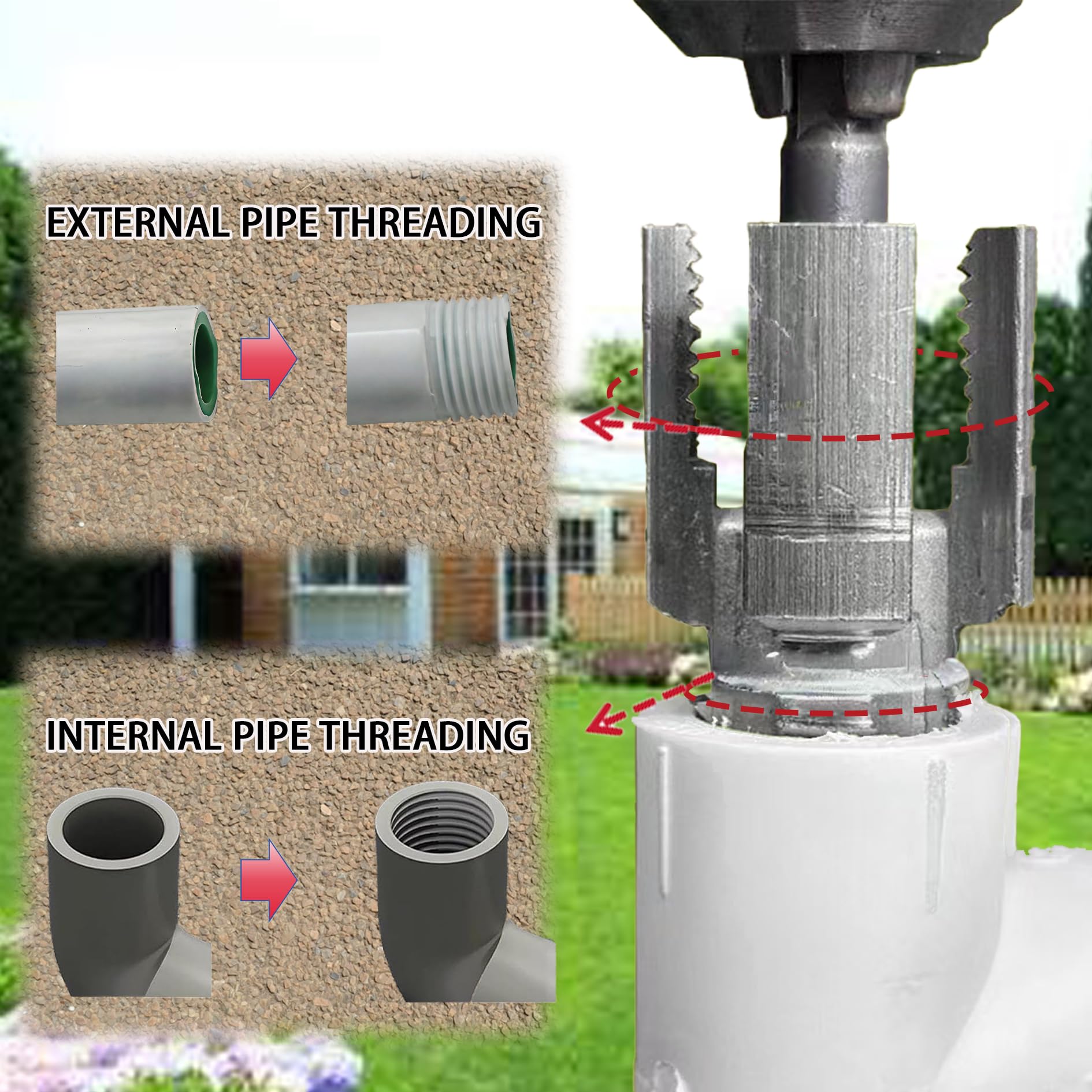 Herramienta de rosca interna y externa integrada, herramienta de corte de rosca de tubo 2025, compatible con kit de rosca de tubo de PVC para perforación, tamaño de tubo de 1/2 pulgada 3/4 pulgadas