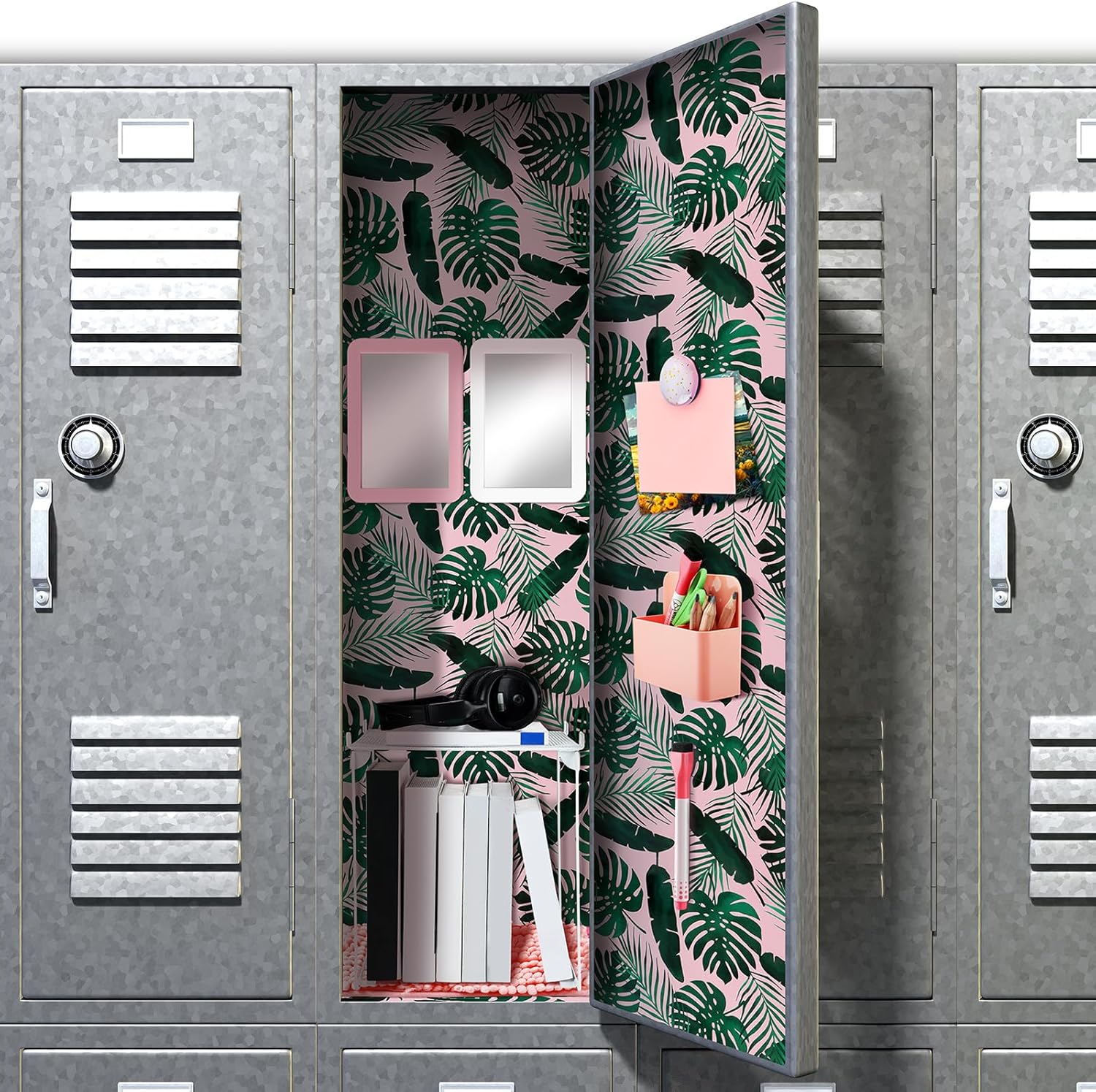 Colarr 17 Pcs Locker Organizer and Decorating Kit Back to School Essentials Include Magnetic Locker Wallpaper Locker Shelf Pencil Holder with Marker Mirror Rug Sticky Note (Light Pink,Leaves Style)