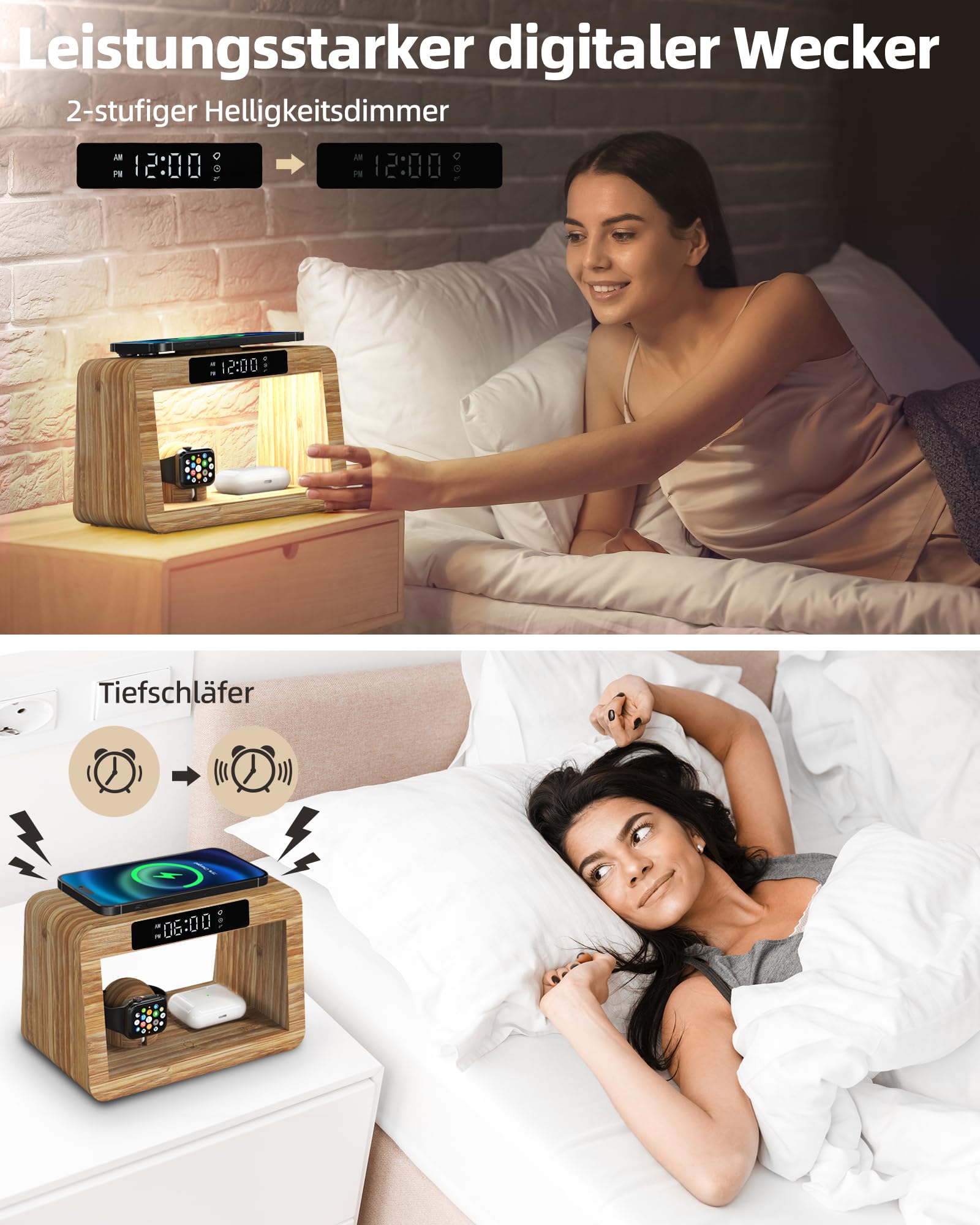 Wireless Ladestation mit Wecker Digital & Nachtlicht, 5 in 1 Kabelloses Schnell-Ladegerät mit Adapter und Kabel, Wireless Charger für iPhone/Apple Watch/AirPods/AirPods Pro