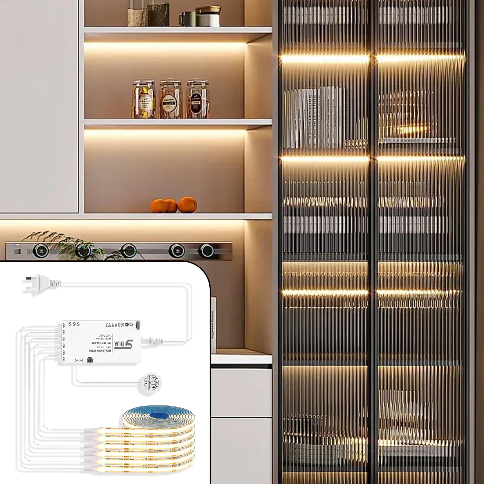 Taśma LED COB, 12 V Cabinet Lights COB LED, 6 rolek 1 m 3000 K ciepła biel taśma LED z dotykowym ściemniaczem, przełączanie światła, do witryn, szafek, szafek na wino, paneli akustycznych, oświetlenie