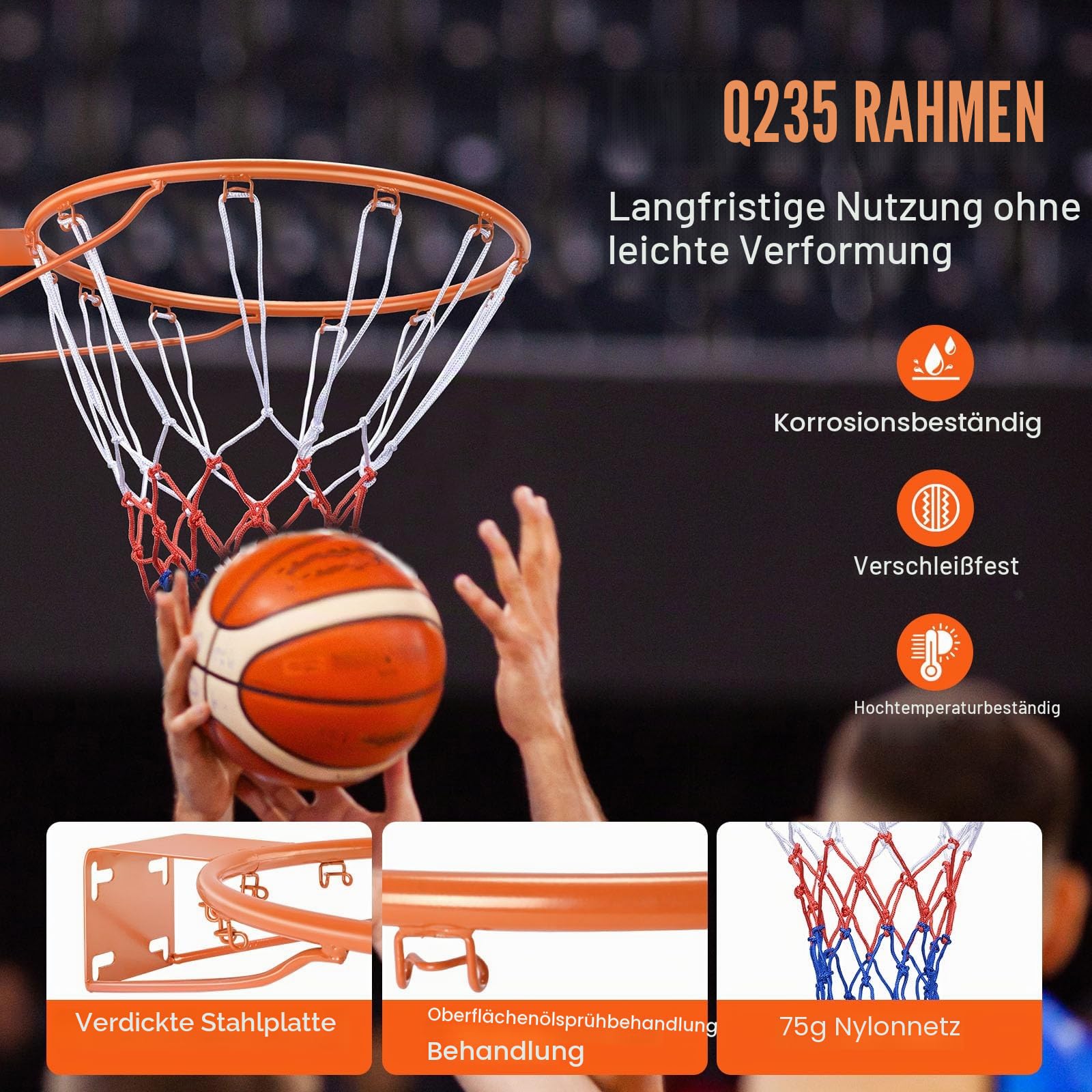 VEVOR Basketball-Felge, wandmontierter Basketballkorb, strapazierfähig, Q235, Basketballkorb, Flex-Rand, Ersatz mit Netz, Standard 45,7 cm, für drinnen und draußen, hängender Basketballkorb für Kinder